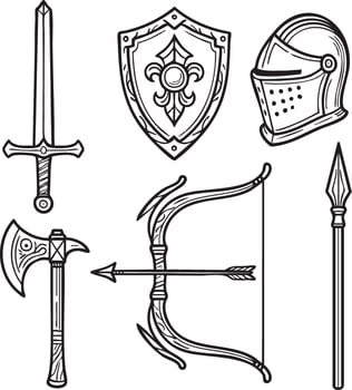 Medieval weapons and armor vertical lineup sword shield helmet axe bow and spear vector