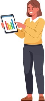 A woman holding a tablet with a graph on it vector