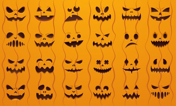 Halloween face. Cartoon pumpkin with scary and evil ghost face, horror spooky traditional jack symbols with angry eyes and mouth for pumpkin carvings. Halloween collection vector
