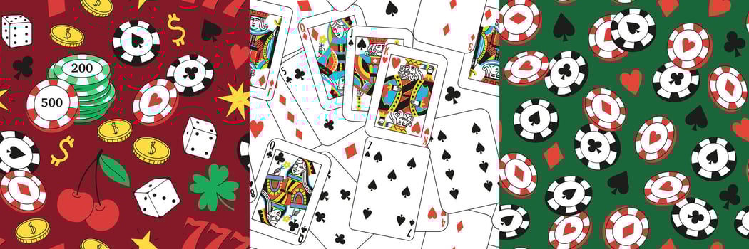 Casino pattern. Seamless print of gambling game elements, money, cards and chips. texture of doodle cartoon casino icons for wrapping paper or fabric vector