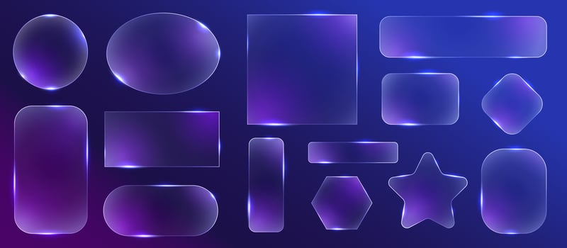 Glass frames. Futuristic glowing HUD borders with glassmorphism transparent effect, digital LED light elements for banner design. glossy neon illuminated frame set vector