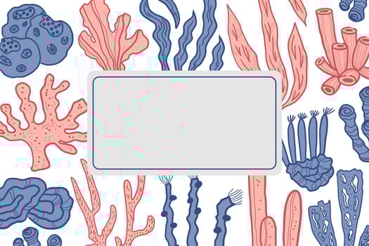 Marine banner with Coral reef, seaweeds, sea organisms for text. Border with algae, aquatic plants. Hand drawn card with underwater life. Design summer template for print, poster, web, paper, wrapping vector