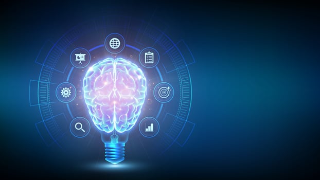 Brain inside a light bulb design vector