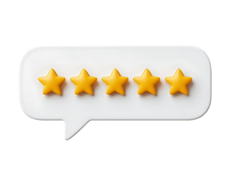 Five golden star rating on a white speech bubble icon representing excellent customer feedback and positive reviews isolated on transparent background png