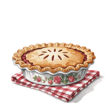 A beautifully golden pie with a decorative crust rests in a floral-patterned dish, placed on a red and white checkered cloth. png