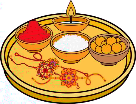 Raksha Bandhan Thali with Sweets, Rice, Kumkum, Diya and Rakhi - Traditional Indian Festival Plate vector