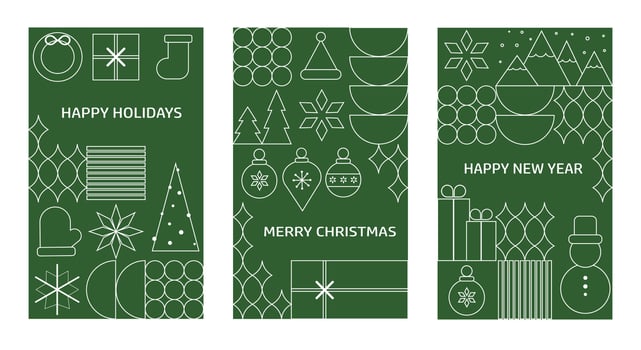 WebSet of three minimalist holiday greeting cards with a green background and white line illustrations of Christmas trees, snowflakes, gifts, ornaments, and winter icons vector