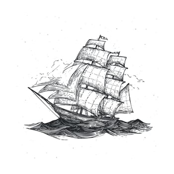 Sailing ship in the ocean with majestic sails and waves vector