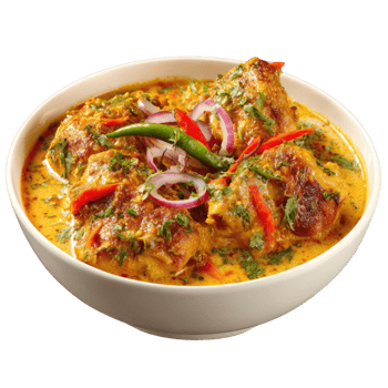 A bowl of spicy chicken curry is garnished with chili and onion isolated on transparent background png