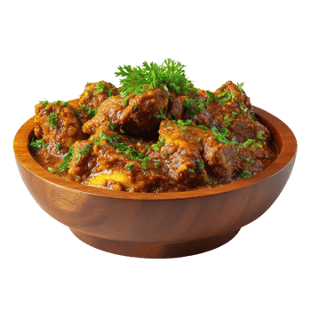 A bowl of delicious mutton curry garnished with fresh parsley isolated on transparent background png