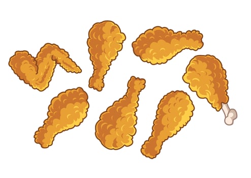 Assorted crispy chicken pieces, showcasing a variety of shapes and sizes, perfect for family meals and gatherings. vector