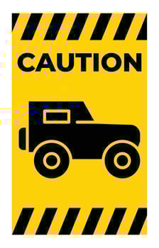 Caution Sign Featuring Off-Road Vehicle on Bright Yellow Background vector
