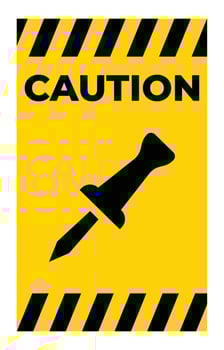 Bright Yellow Caution Sign Featuring Pushpin Icon on Black Striped Background vector