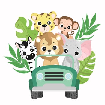 Safari animals in a green jeep vector