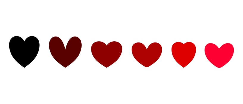 Row of various hearts from black to red. Romantic icon strip for love, relationships and Valentine graphics. vector