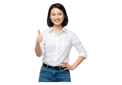 A woman in a white shirt and blue jeans is giving a thumbs up png