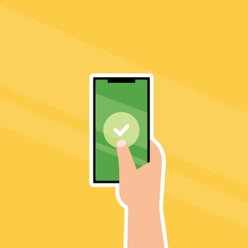 A hand holding a phone with a green check mark on it. The phone is a smart phone and the hand is pointing at the screen vector