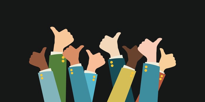 A group of diverse hands giving a thumbs-up gesture, symbolizing success, approval, and teamwork. deal for concepts related to positive feedback, achievement, or social mediaI vector