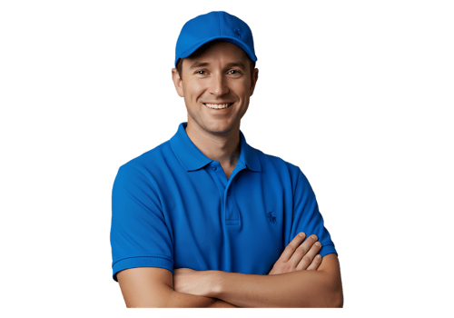A man in a blue polo shirt and cap png