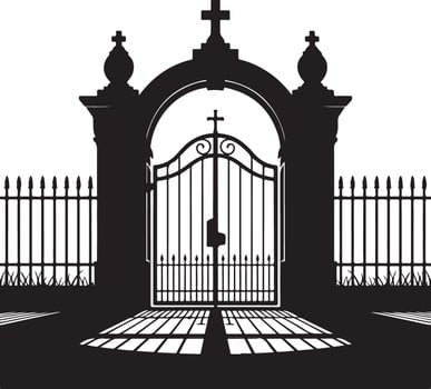Ornate cemetery gate with crosses and picket fence silhouette vector