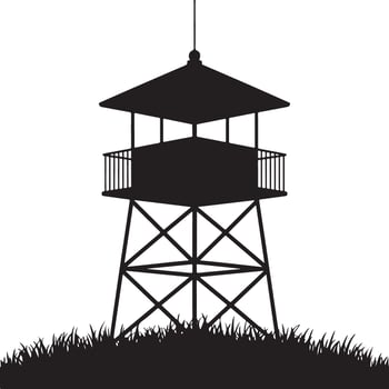 Silhouette of a fire lookout tower on a grassy hill vector