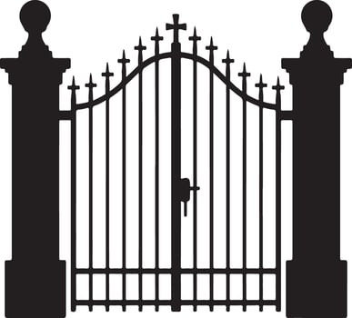 Ornate black metal cemetery gate with pillars and crosses vector