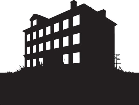 Silhouette of a tall dark abandoned building on a hill vector