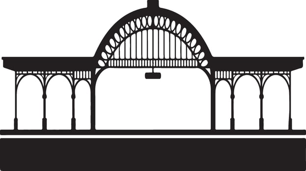 Silhouette of a victorian train station with arched roof and platform vector