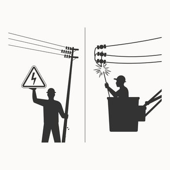 Skilled Electricians Working on Overhead Power Lines for Installation vector