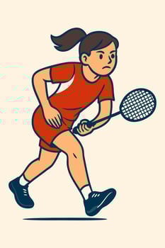 Asian female figure holding badminton racket and running quickly across the pastel yellow background vector