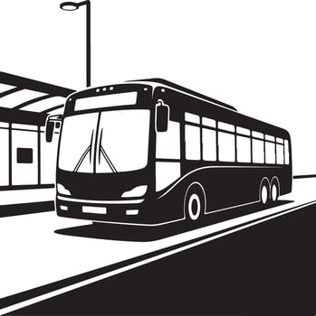 Modern city bus at a bus stop station in black and white vector