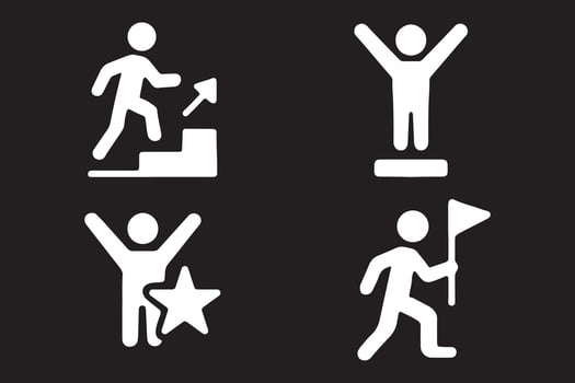Four icons depicting people climbing stairs, holding a flag and a flagpole vector