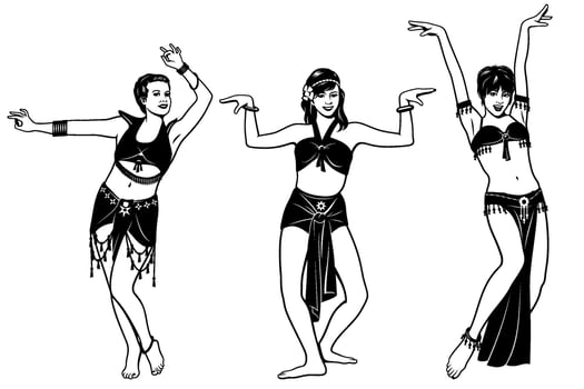 Belly Dancers. Black and white clipats isolated on white. vector