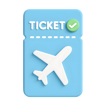 3D blue plane ticket icon, white airplane and green check mark, isolated on transparent background png