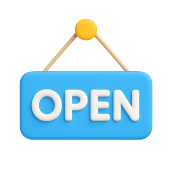 3D blue hanging open sign icon with white text and yellow string, isolated on transparent background png
