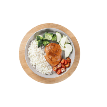 Grilled chicken breast with rice, broccoli, apple, and tomatoes isolated on transparent background png