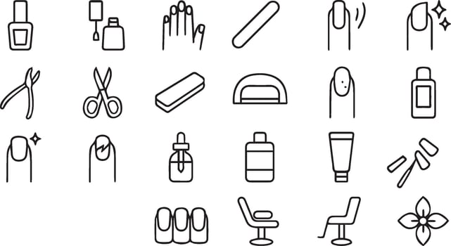 Nail Manicure Line Icons Set art Nail Polish, Brush, File, Clipper, UV Lamp, Pedicure, Beauty Salon, Cosmetic Symbols vector