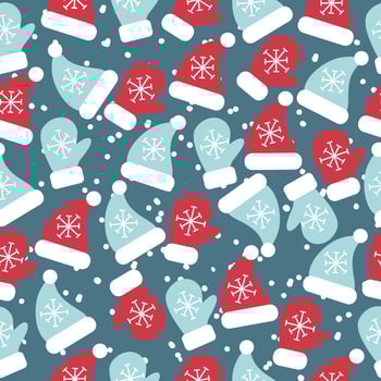 Christmas pattern warm hats and mittens red and blue. Use for New Year design, gifts, cards, textiles, prints vector