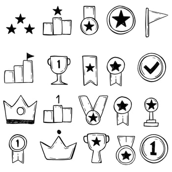 Set of Winner Icons in Hand Drawn Scribble Style. Trophy, Medal, Crown, Ribbon, Star, and Award Symbols Isolated on White Background vector