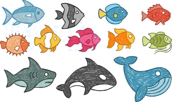 Crayon fish kid style set. Childish pastel colorful fish, shark, whale, orca. children scribbles vector