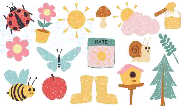 Cute Spring Season Pastel Color Set. Bees, Sun, Flowers, Honey, Boots, Trees, Butterflies, and Calendar in Childlike Hand Drawn Crayon Chalk Scribble Style Illustration Isolated on White. vector