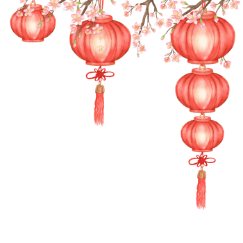 Beautiful top border with illuminated red lanterns and Sakura cherry tree branches. Lunar Chinese New Year celebration. Lantern festival hanging decoration clipart. Hand-drawn watercolor illustration png