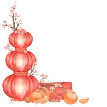 Watercolor red paper lanterns, Sakura cherry tree blossoms, tangerines, red envelopes. Chinese New Year corner composition. Lunar New Year clipart. Hand-drawn illustration for postcards, posters png