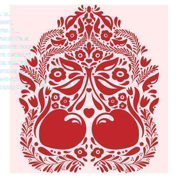 a red and white floral pattern with a red heart vector