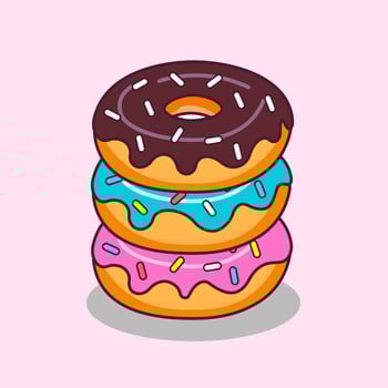 Stack of three delicious donuts with chocolate, blue, and pink icing topped with colorful sprinkles. Sweet cartoon dessert illustration in flat style. vector