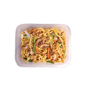 Delicious chicken chow mein with vegetables in a takeout container isolated on transparent background png