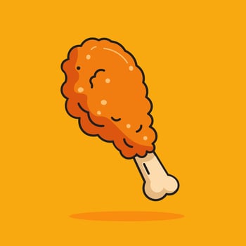 Crispy fried chicken drumstick illustration in flat cartoon style. Delicious fast food snack with crunchy texture, isolated on orange background vector