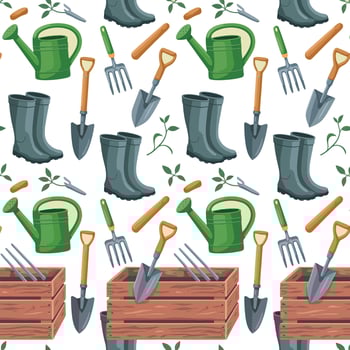 Gardening tools and supplies pattern with watering cans and boots illustration vector