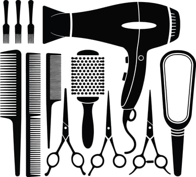 Hairdressing tools including hairdryer and combs isolated on white background illustration vector