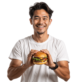 A man holding a hamburger in his hands png